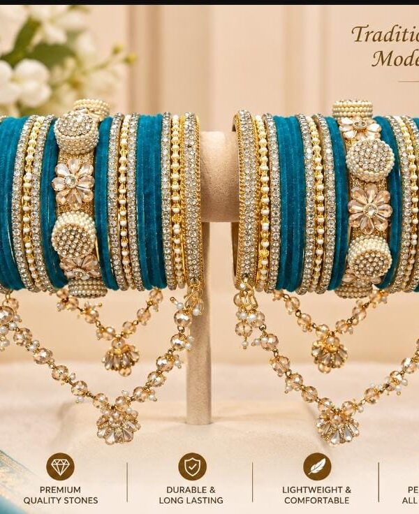 Teal Elegance Bridal Bangles Set with Pearl and Gold Kundan Work
