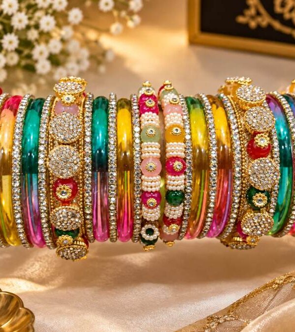 Multicolor Kundan and Pearl Work Bangle Set with Gold-Tone Accents